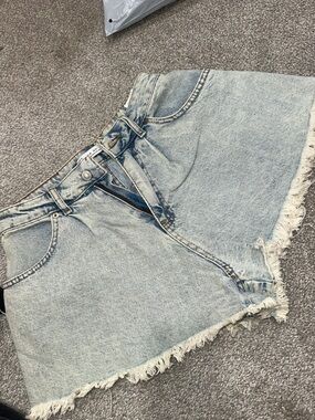 High-Rise Light Blue Frayed Denim Shorts